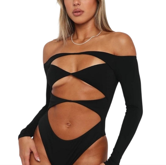 White Fox Elegant Black Off-Shoulder Cutout Top Bodysuit - Picture 1 of 15